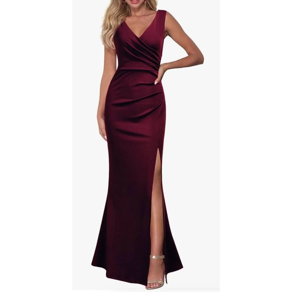WOOSEA XXL Burgundy Sleeveless Ruched Wrap Maxi Dress NWT Slit Formal Evening